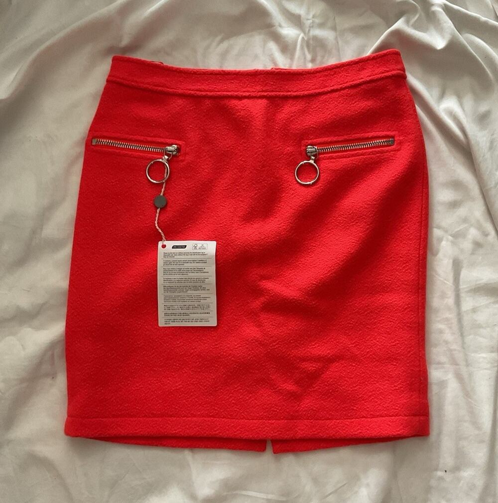 Moschino Couture neon orange/coral wool blend mini skirt with front zippers